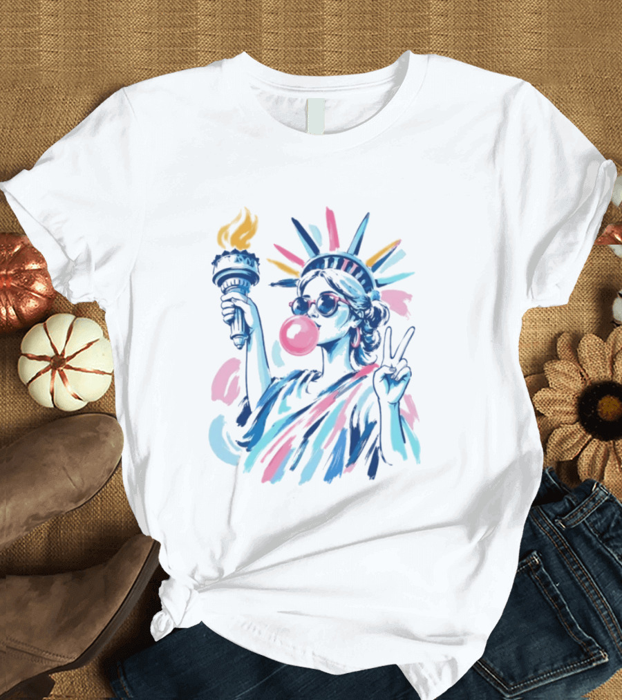 Statue Of Liberty Bubblegum Peace Sign USA Landmark T-Shirt