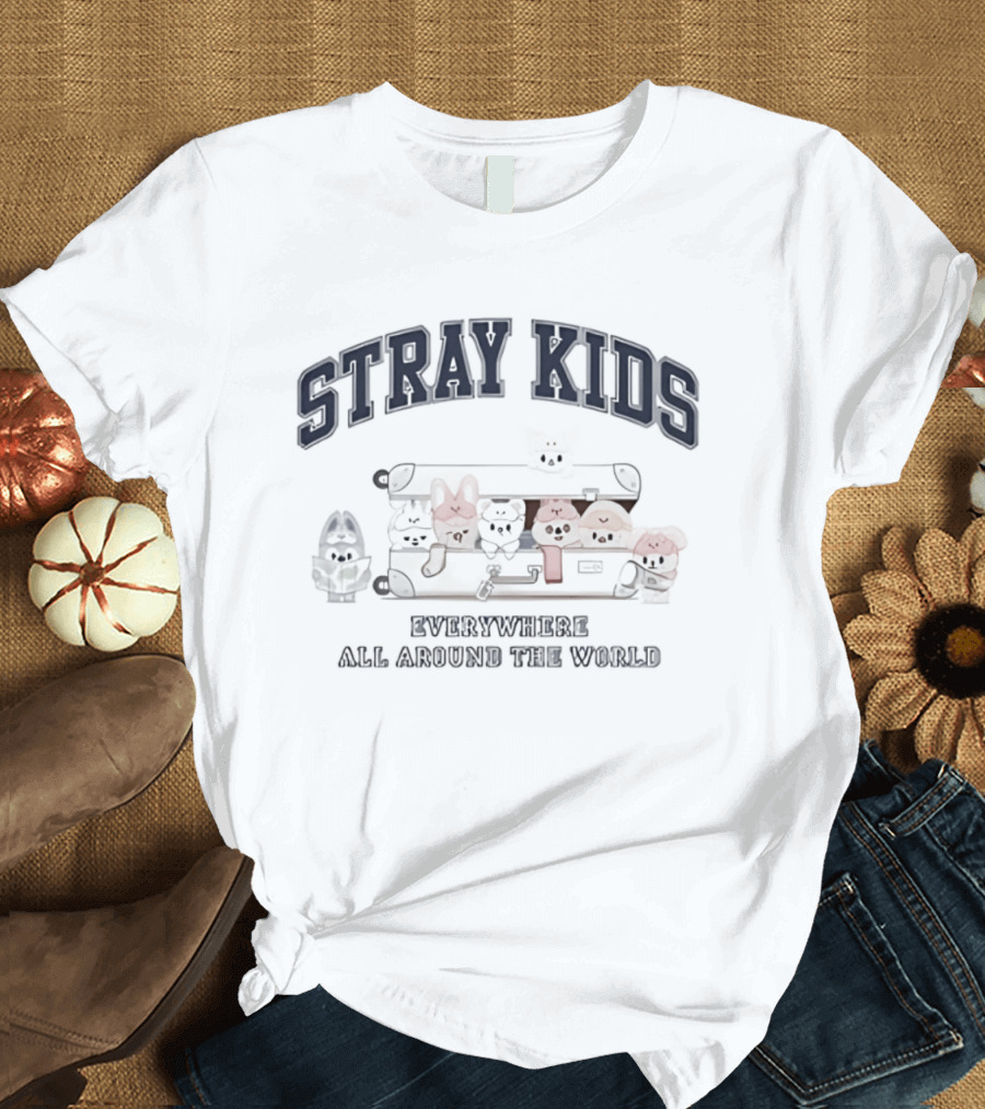 Stray Kids Everywhere All Around The World Colorful Cartoon Characters T-Shirt