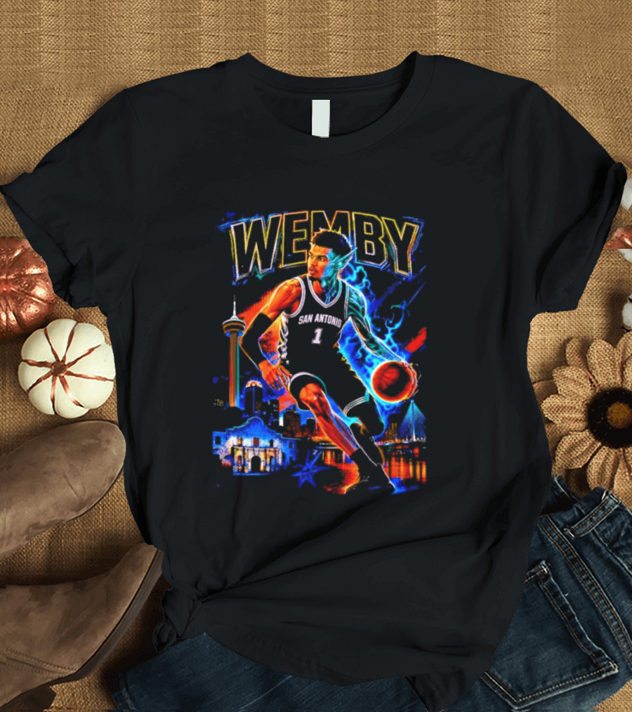 Wemby San Antonio Spurs Basketball Player Half Alien City Skyline T-Shirt