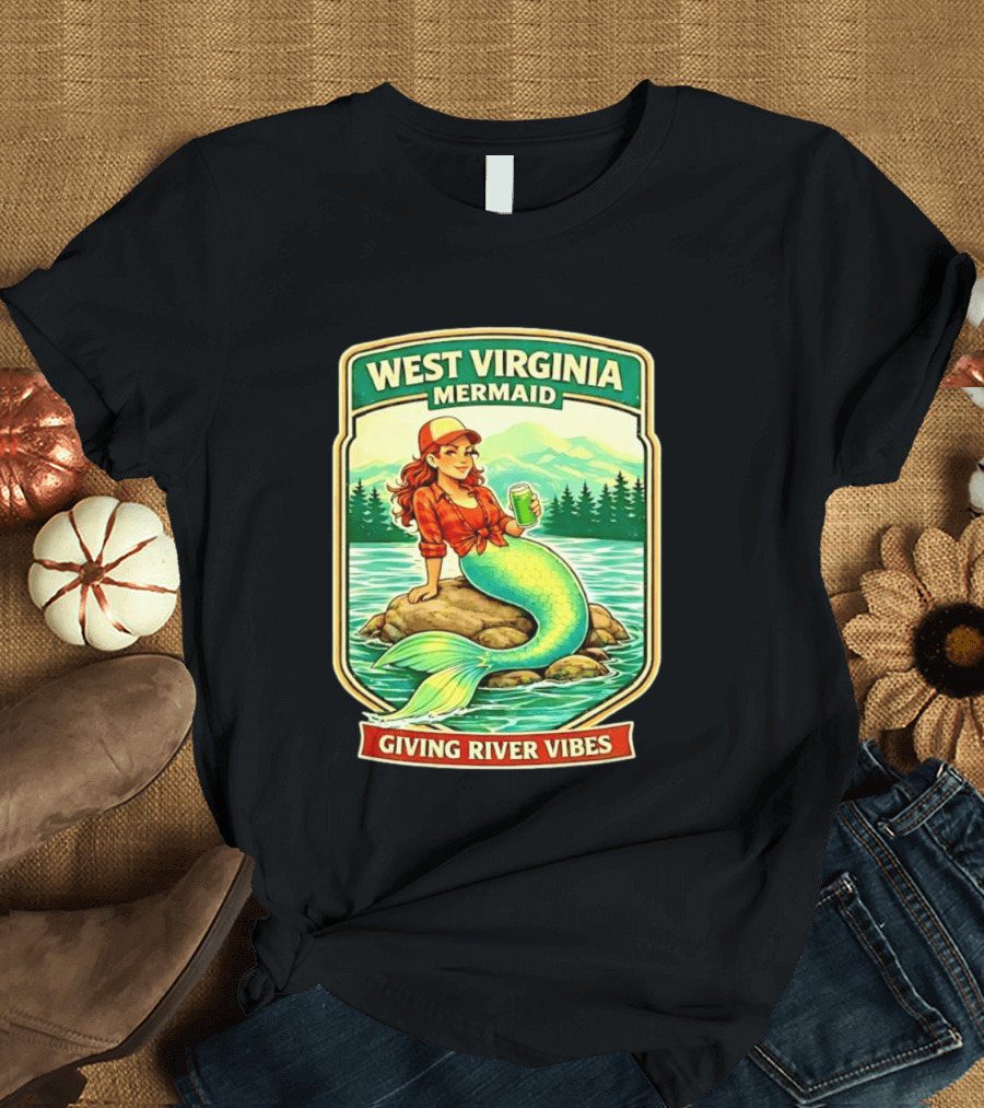 West Virginia Mermaid Giving River Vibes Green Tail Red Hat T-Shirt