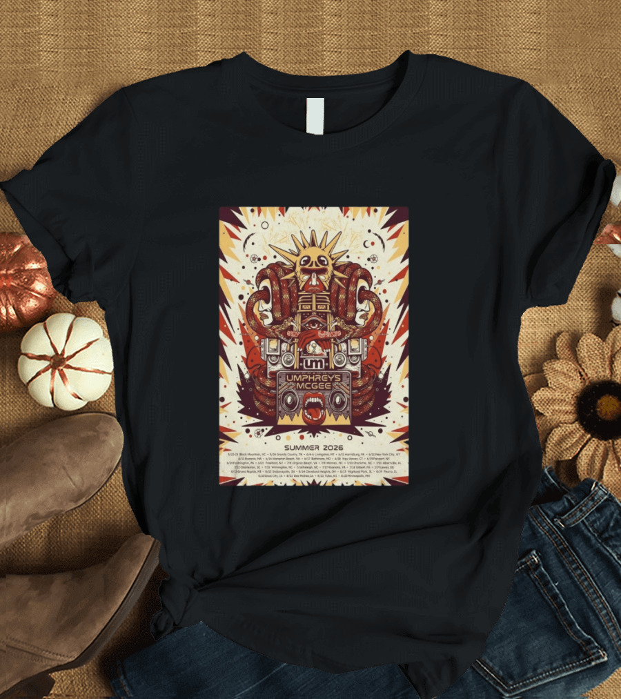 Umphrey's McGee Summer 2026 Tour Dates With Unique Symbolic Artwork And Sun Motif T-Shirt