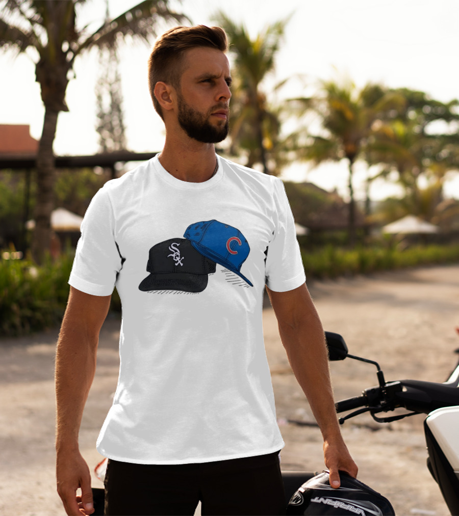 Chicago White Sox Black Hat And Chicago Cubs Blue Cap Baseball Fan Collection T-Shirt