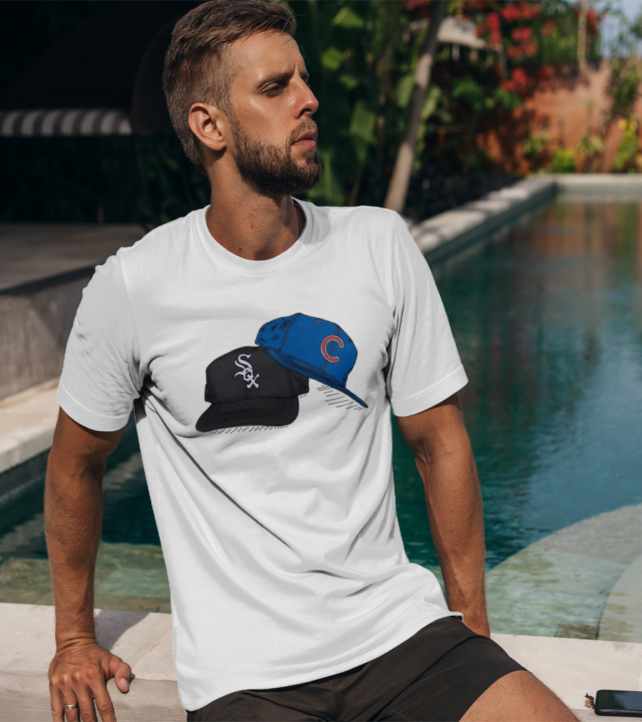 Chicago White Sox Black Hat And Chicago Cubs Blue Cap Baseball Fan Collection T-Shirt