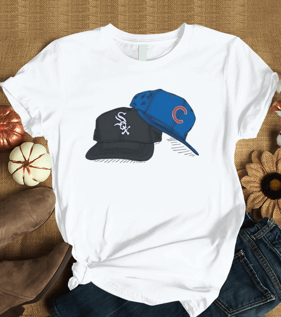 Chicago White Sox Black Hat And Chicago Cubs Blue Cap Baseball Fan Collection T-Shirt