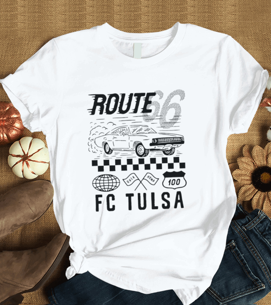 FC Tulsa Route 66 Oklahoma Soccer Car 100 Racing Flags T-Shirt