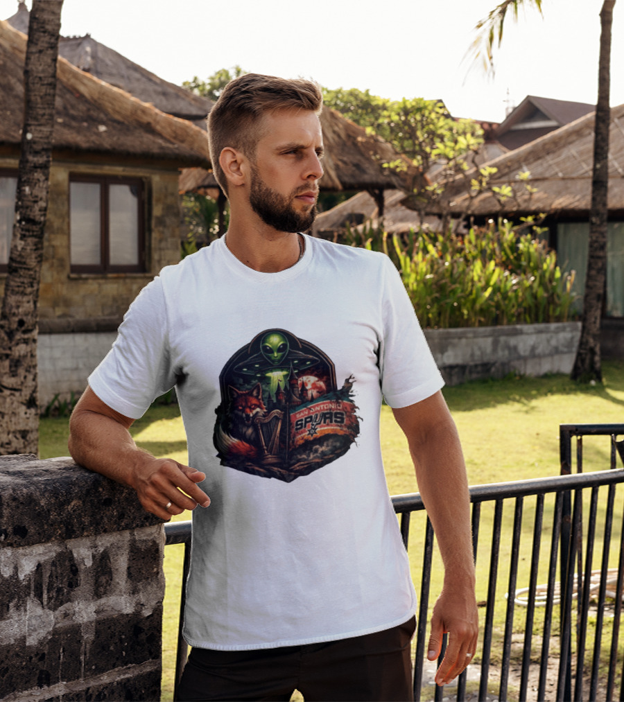 San Antonio Spurs UFO Alien Fox Harp Castle Moon Flag T-Shirt