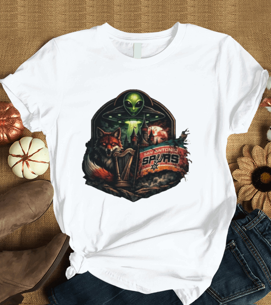 San Antonio Spurs UFO Alien Fox Harp Castle Moon Flag T-Shirt