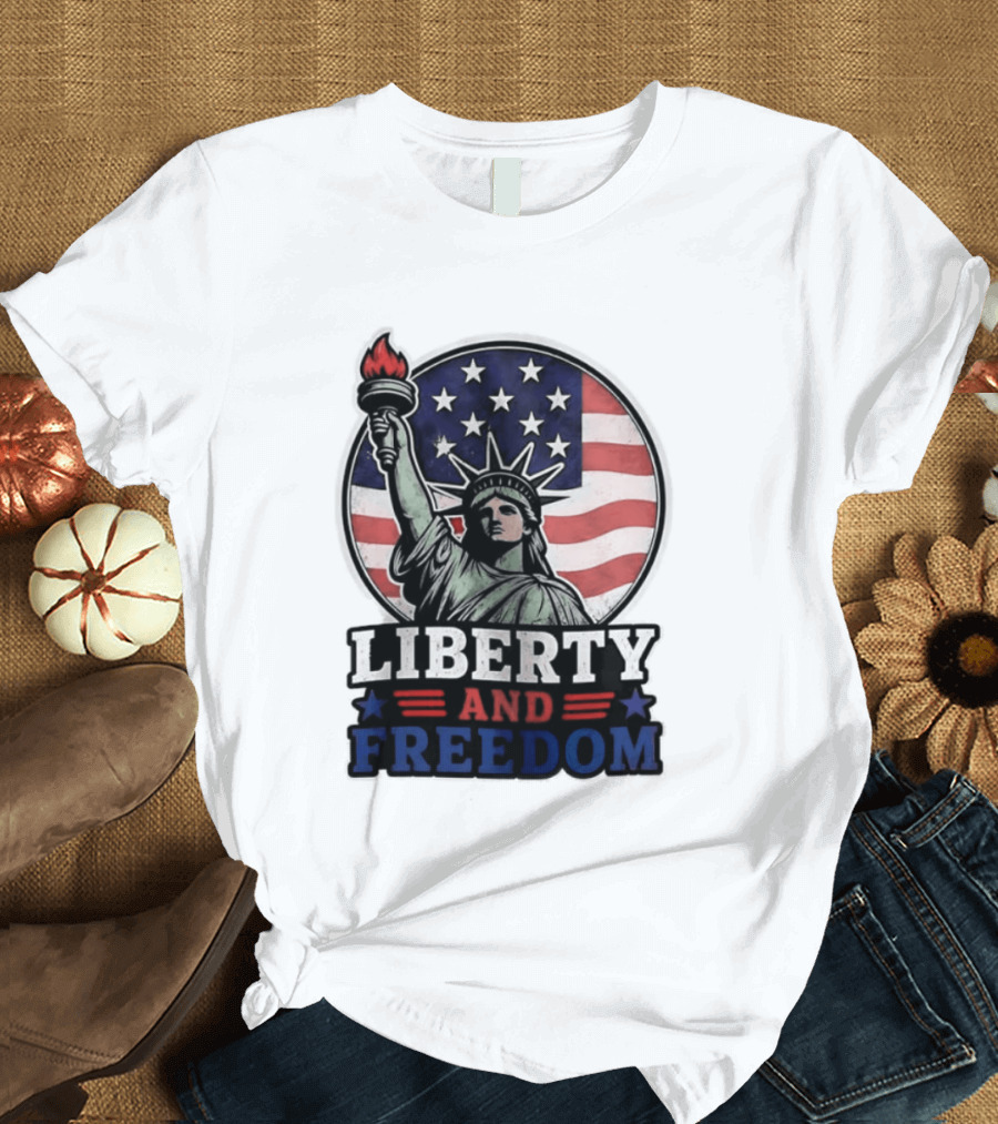 Liberty And Freedom Statue Of Liberty USA Flag Stars T-Shirt