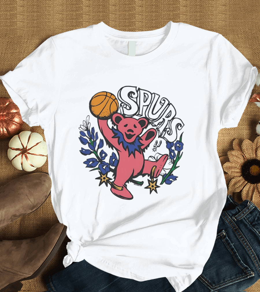San Antonio Spurs Grateful Dead Bear Basketball Motif T-Shirt