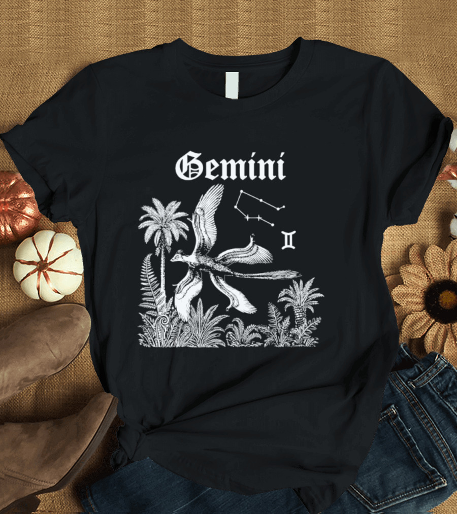 Gemini Feathered Dinosaur Constellation Tropical Scene T-Shirt
