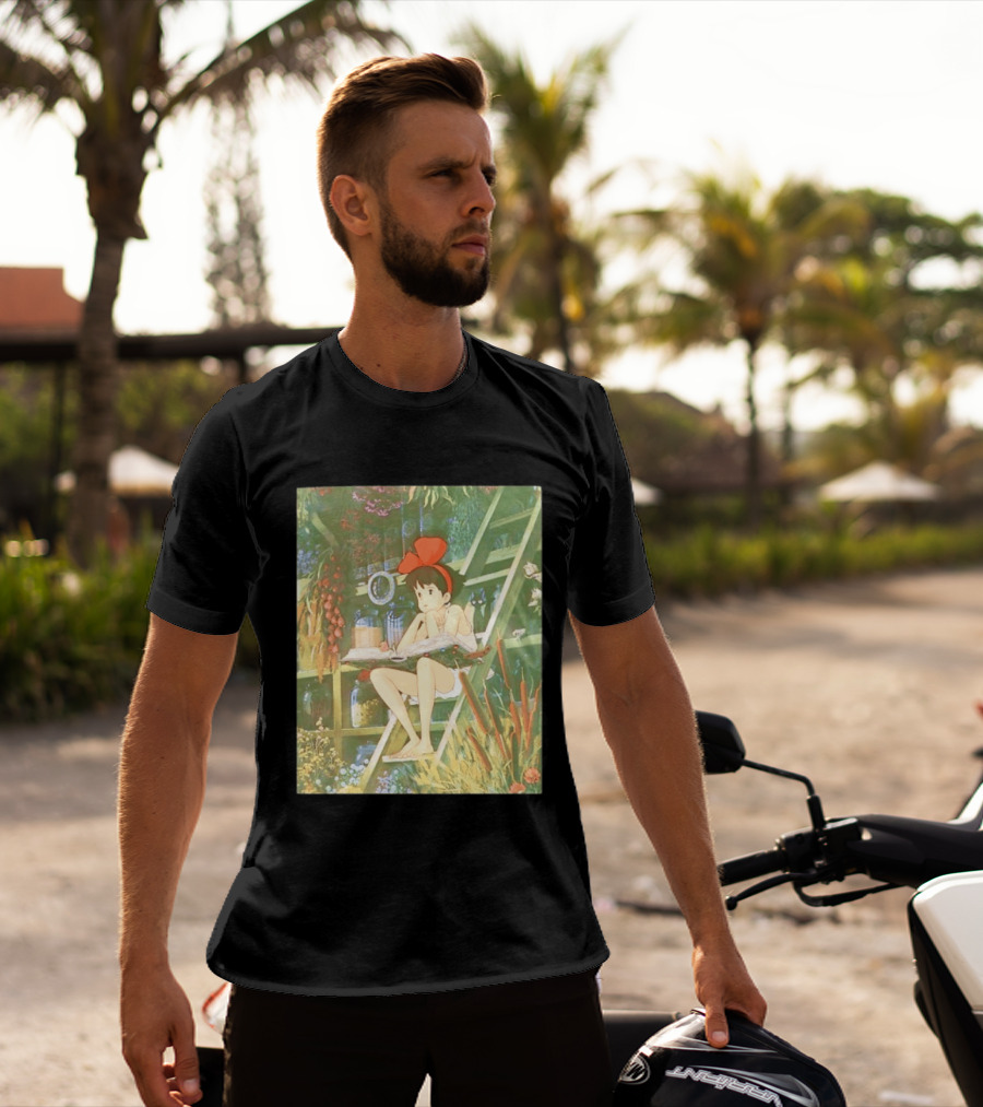 Kiki's Delivery Service Magic Book Cat And Botanical Greenhouse Scene T-Shirt
