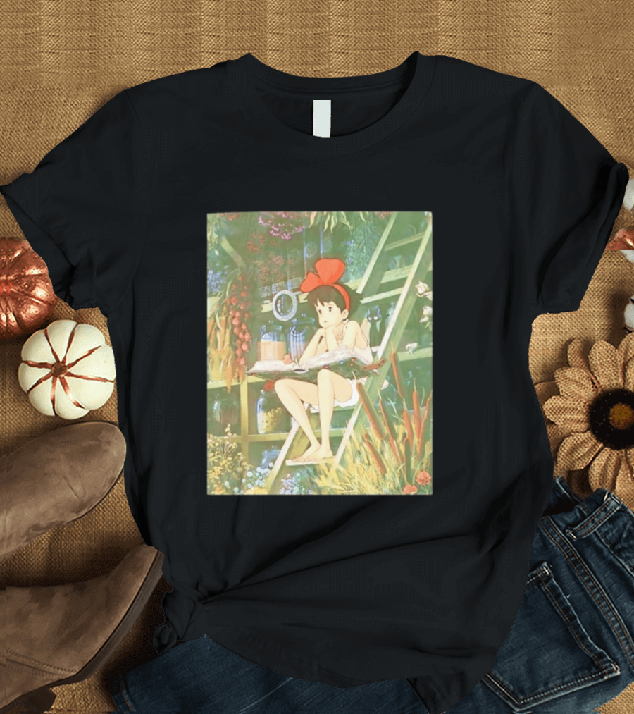 Kiki's Delivery Service Magic Book Cat And Botanical Greenhouse Scene T-Shirt