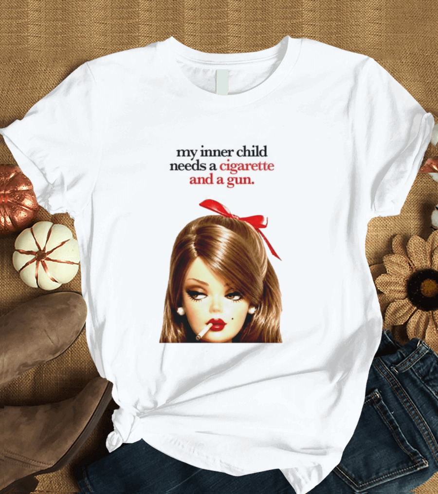 My Inner Child Needs A Cigarette And A Gun Doll Face Red Bow T-Shirt