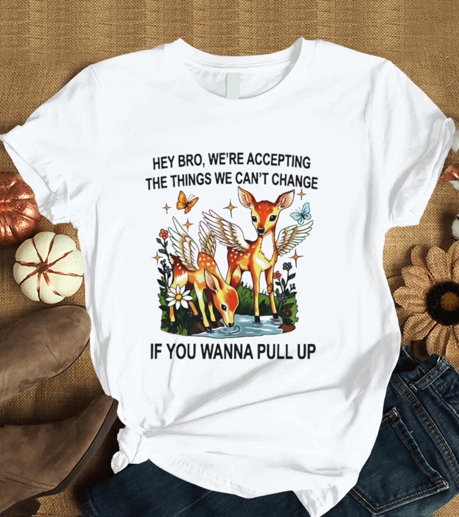 Hey Bro We're Accepting The Things We Can't Change If You Wanna Pull Up Deer Wings Butterflies T-Shirt