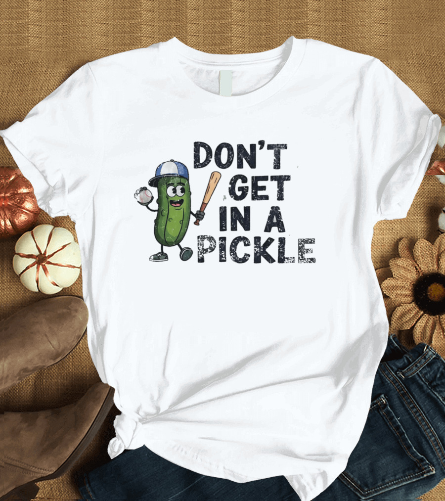 Don't Get In A Pickle Baseball Pun With Pickle Character Holding Bat And Ball T-Shirt