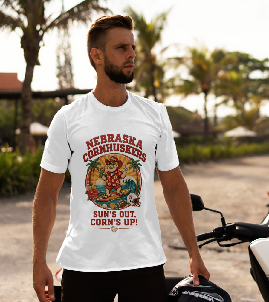 Nebraska Cornhuskers Sun's Out Corn's Up Tropical Surfing Football Fun T-Shirt
