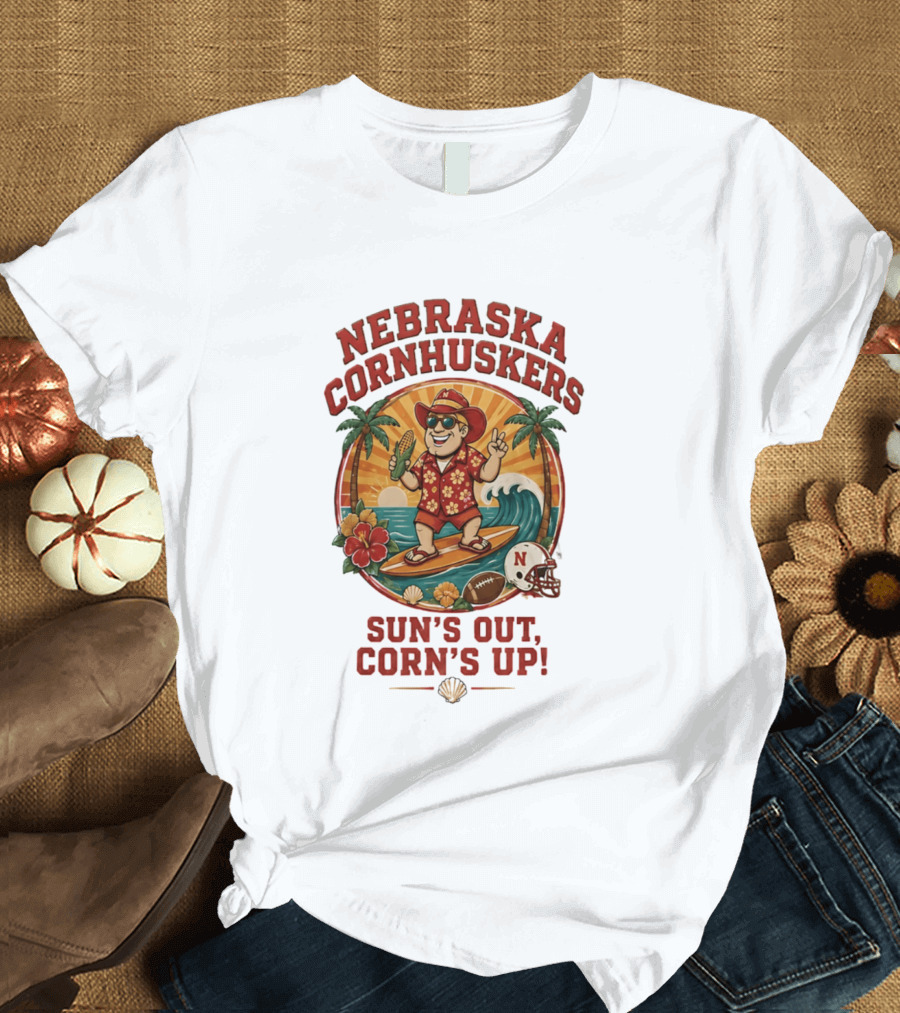 Nebraska Cornhuskers Sun's Out Corn's Up Tropical Surfing Football Fun T-Shirt