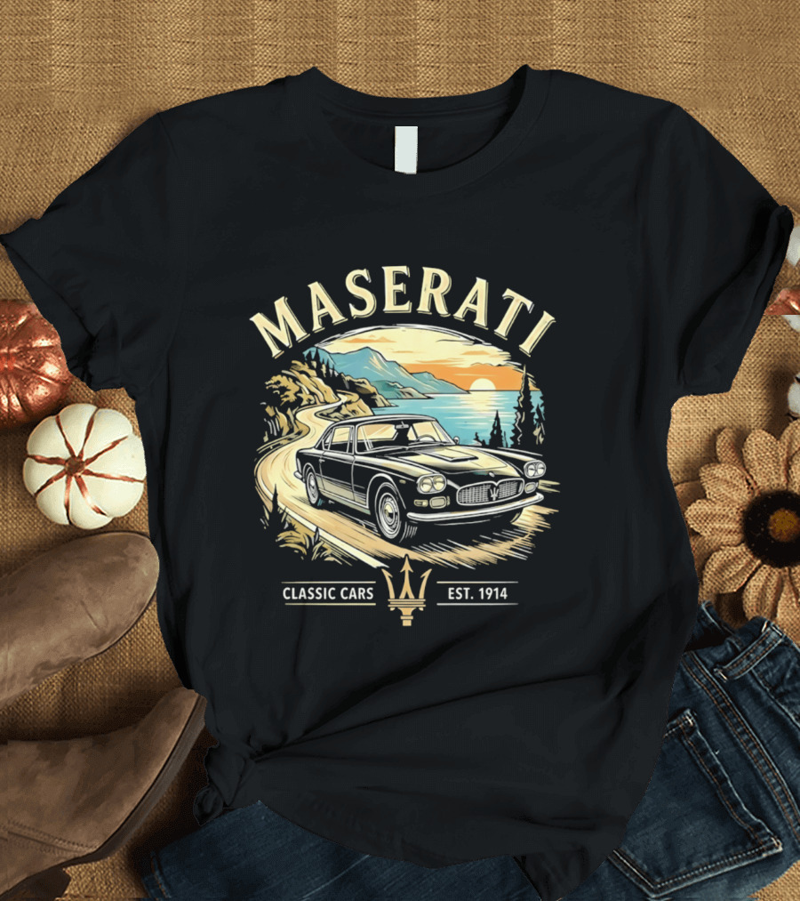 Maserati Classic Cars Est 1914 Vintage Sunset Road Scene T-Shirt