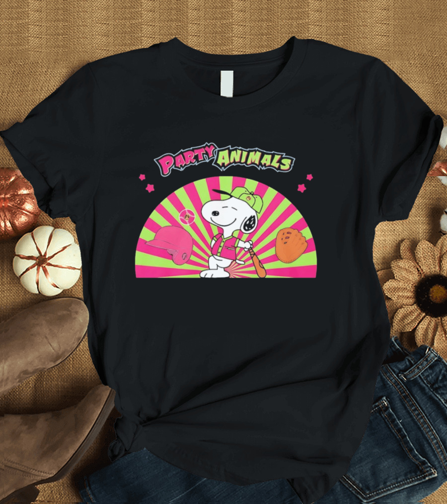 Snoopy Party Animals Baseball Glove Bat Cap Neon Stars T-Shirt