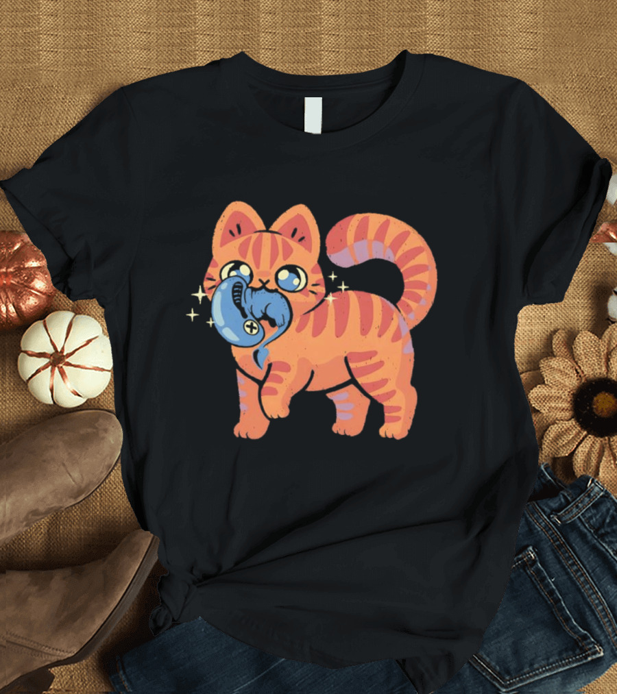 Orange Tabby Cat With Sparkles And Blue Alien Creature T-Shirt