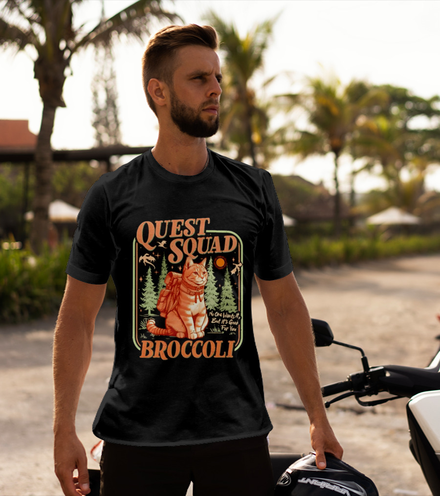 Quest Squad Broccoli Cat Backpack Adventure No One Wants It But It's Good For You T-Shirt