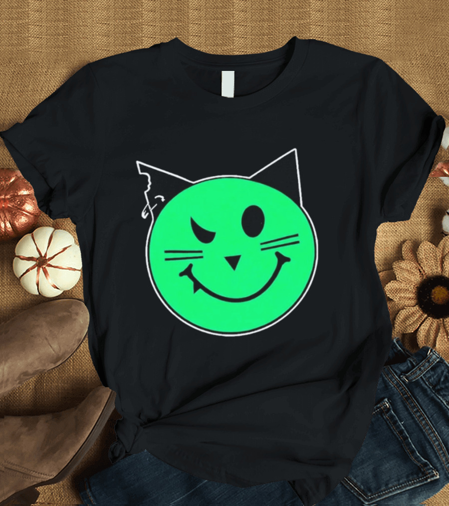Taliesin Wearing MeowMeowz Smiling Cat Face With Green Circle Black Ears Whiskers T-Shirt