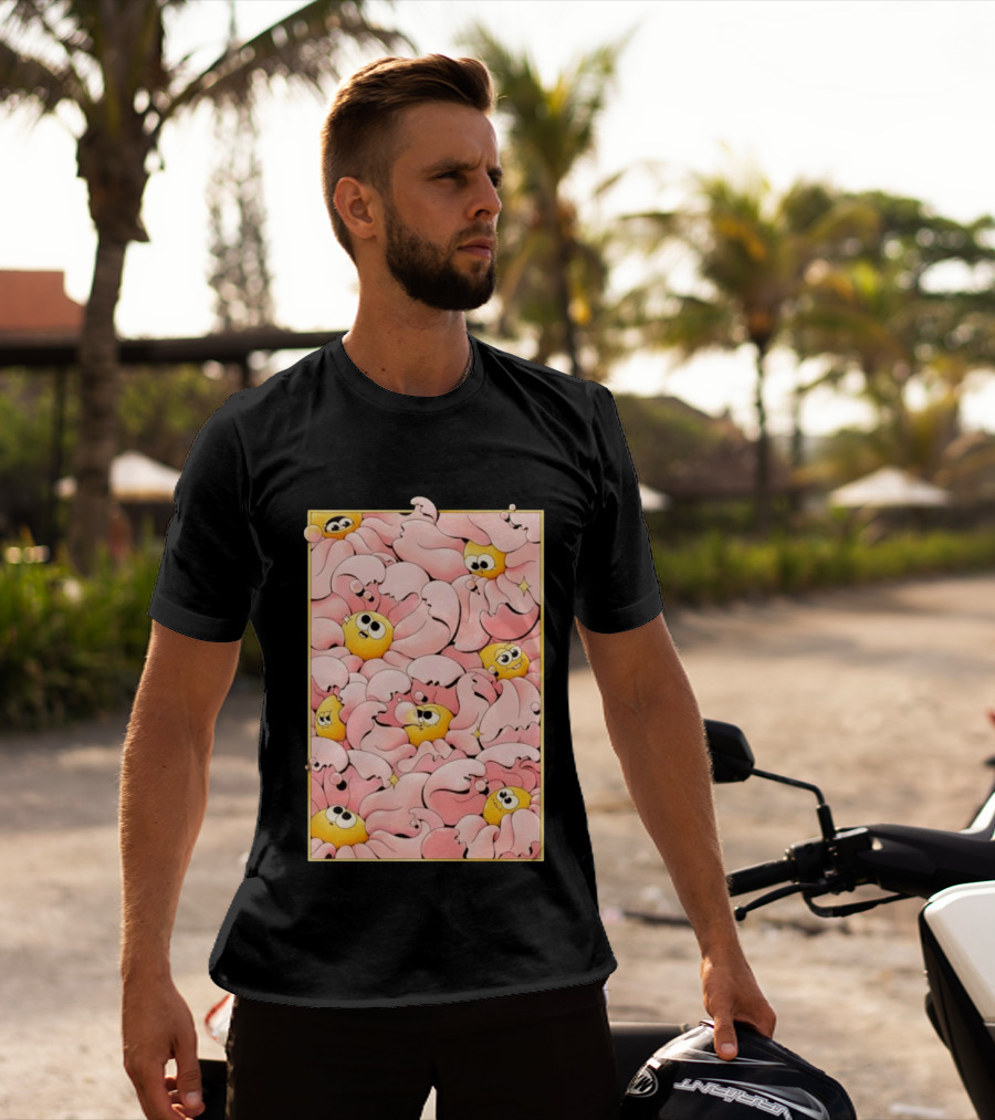 Many Yellow Round Characters With Large Eyes In Pink Flowing Cascades T-Shirt