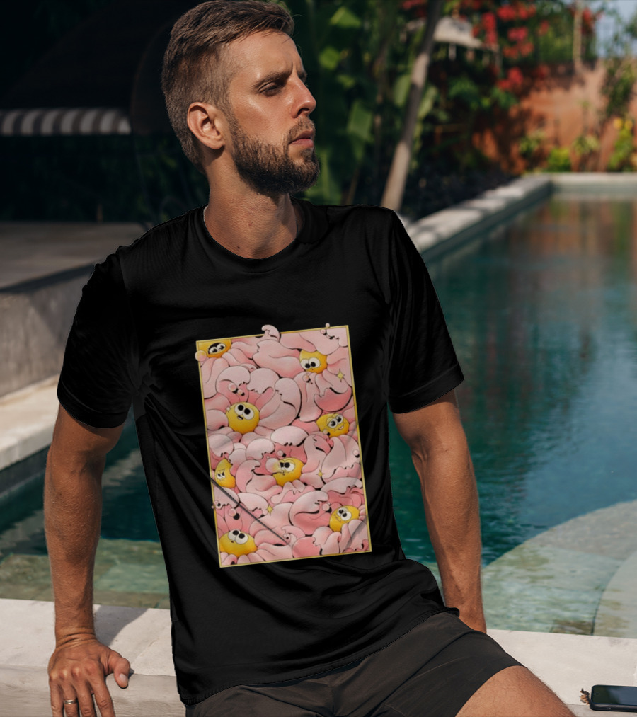 Many Yellow Round Characters With Large Eyes In Pink Flowing Cascades T-Shirt