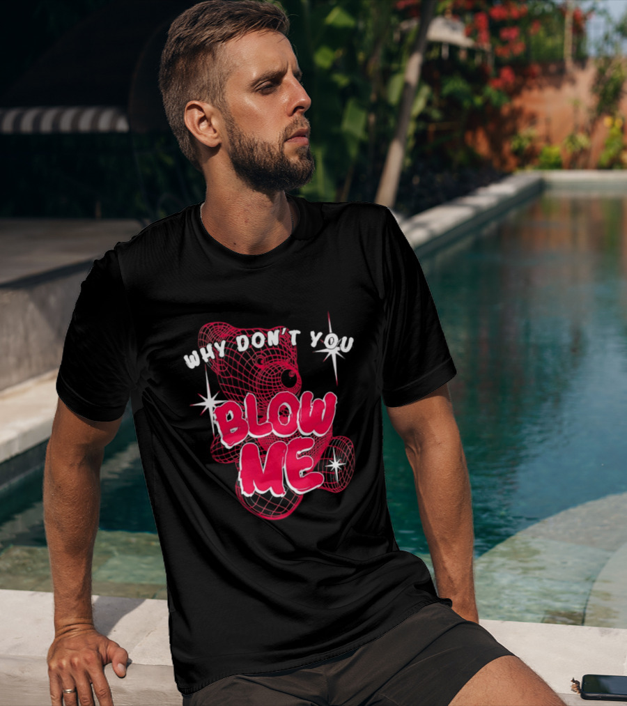 Why Don't You Blow Me Pink Wireframe Teddy Bear Bold Red Text Sparkling Star Accents T-Shirt