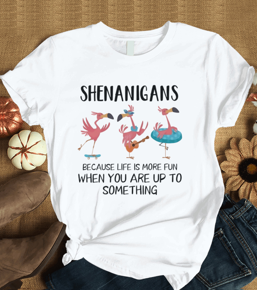 Shenanigans Flamingos Skateboarding Guitar Playing Pool Fun T-Shirt