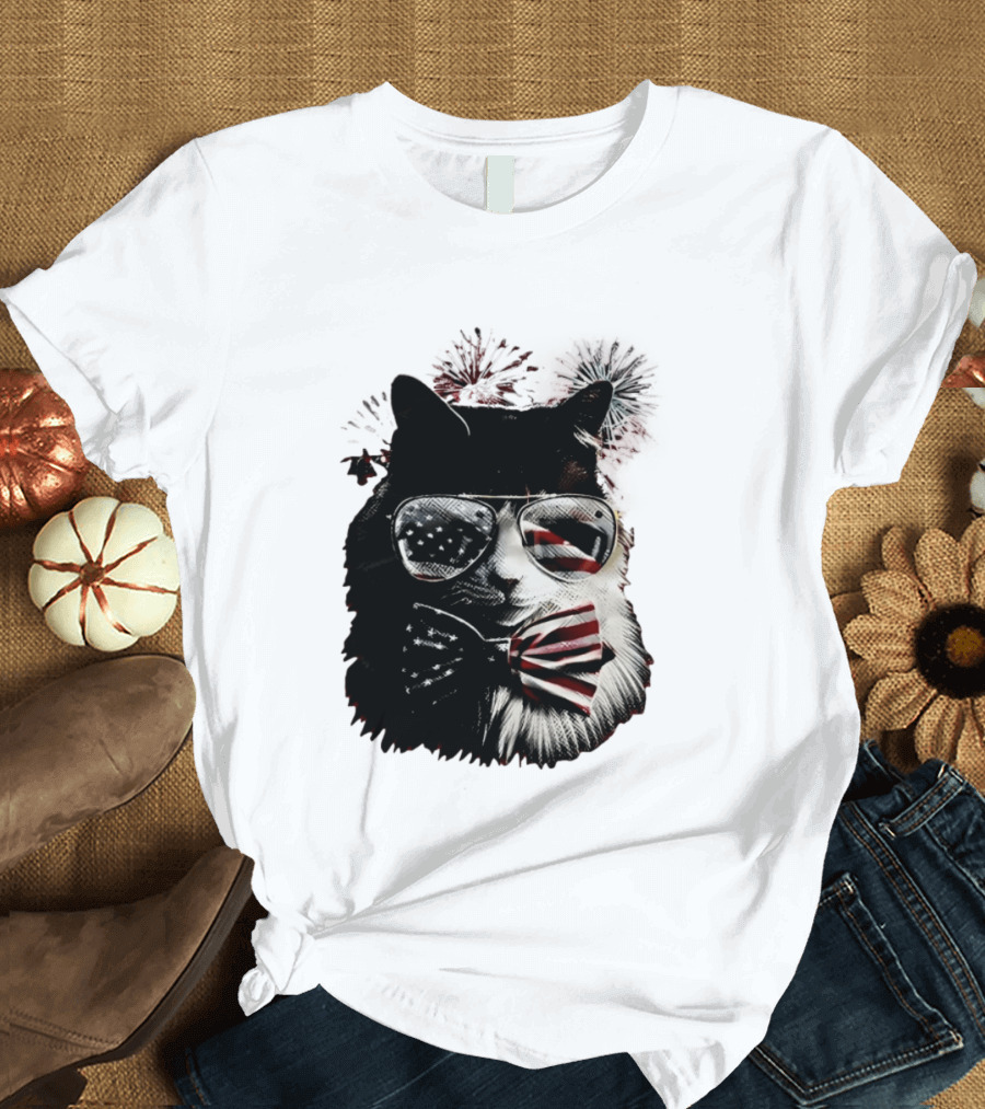 American Flag Cat Sunglasses And Bowtie Fireworks Independence Day T-Shirt