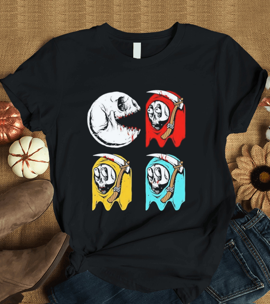 Pac Man Skeleton Skull Ghost Grim Reaper Red Yellow Blue T-Shirt