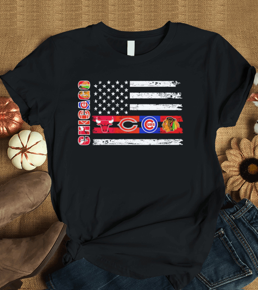Chicago Bulls Bears Cubs Blackhawks American Flag T-Shirt