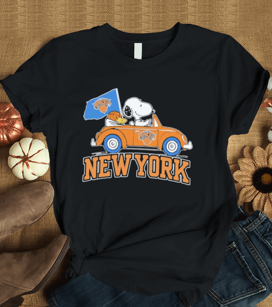New York Knicks Snoopy Woodstock Driving Car Collaboration 2026 T-Shirt