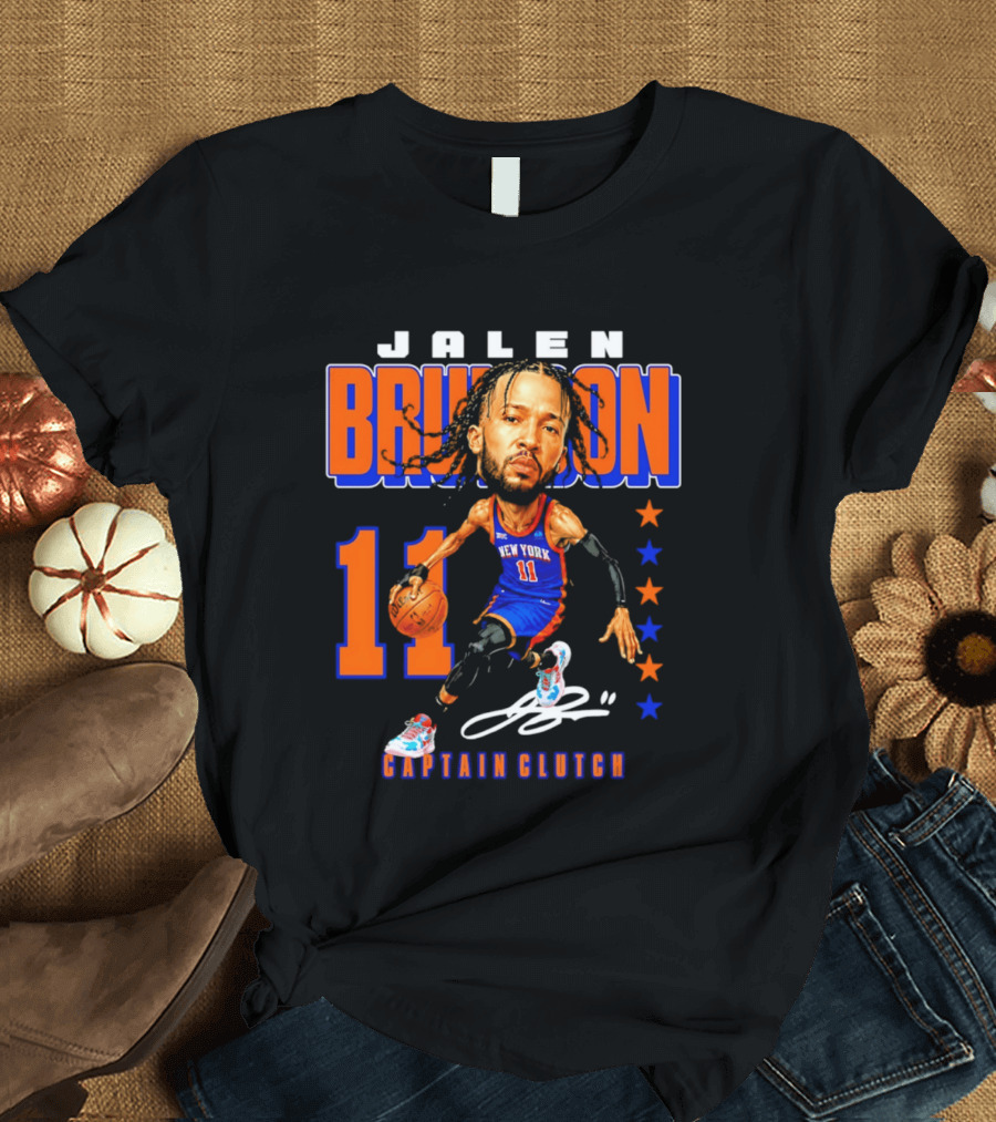 Jalen Brunson New York 11 Captain Clutch Caricature T-Shirt