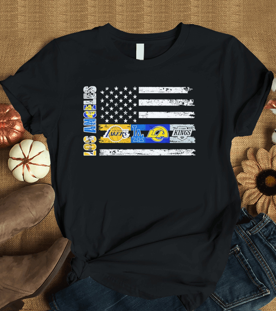 Los Angeles Lakers Dodgers Rams Kings Flag Stars And Stripes T-Shirt