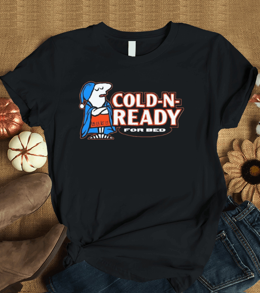 Cold N Ready For Bed Sleepy Cartoon Character In Blue Nightcap And Red Blanket T-Shirt
