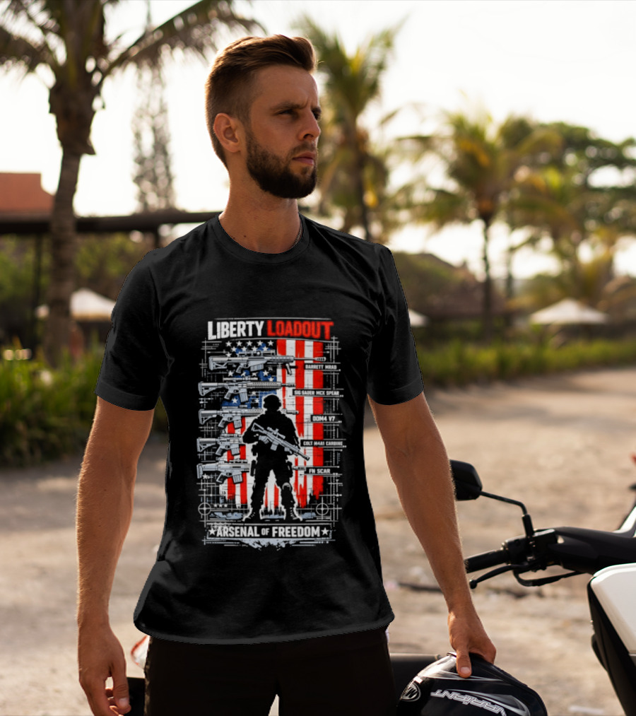 Liberty Loadout Arsenal Of Freedom USA Flag Soldier T-Shirt