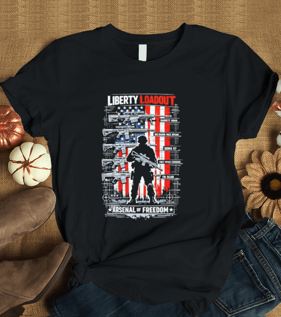 Liberty Loadout Arsenal Of Freedom USA Flag Soldier T-Shirt