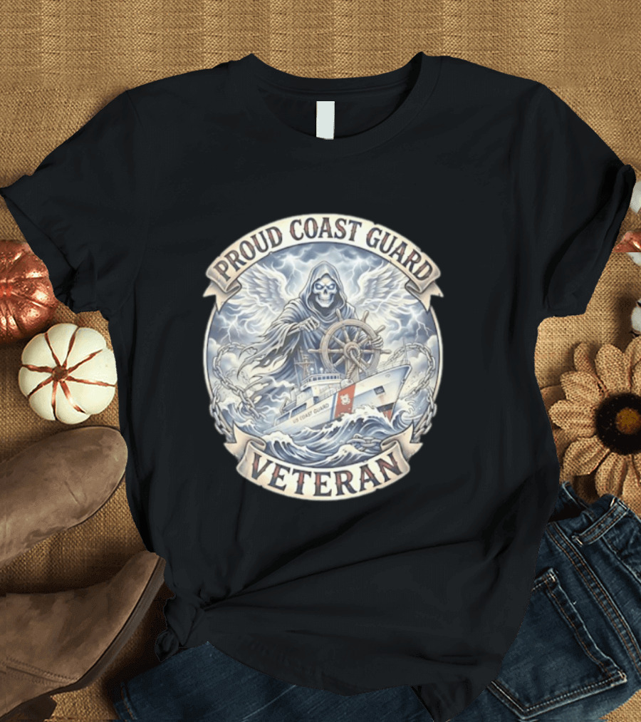 Proud Coast Guard Veteran Grim Reaper With Ship And Wheel T-Shirt