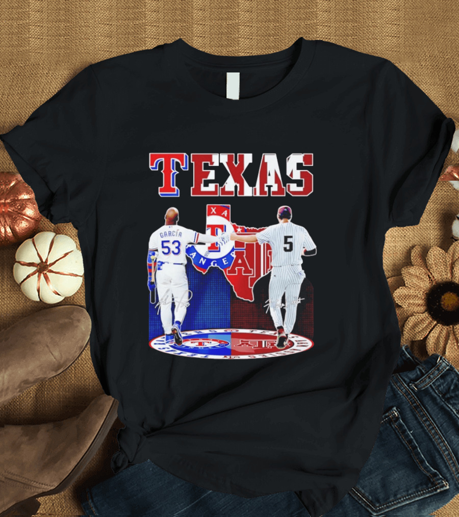 Texas Rangers Adolis Garcia And Texas A&M Aggies Hunter Schott Split Map T-Shirt