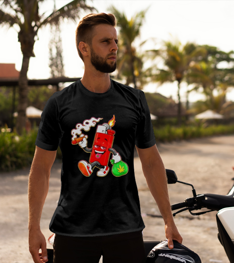 Flame Lighter And Smoking Joint With Cannabis Bag Cartoon T-Shirt