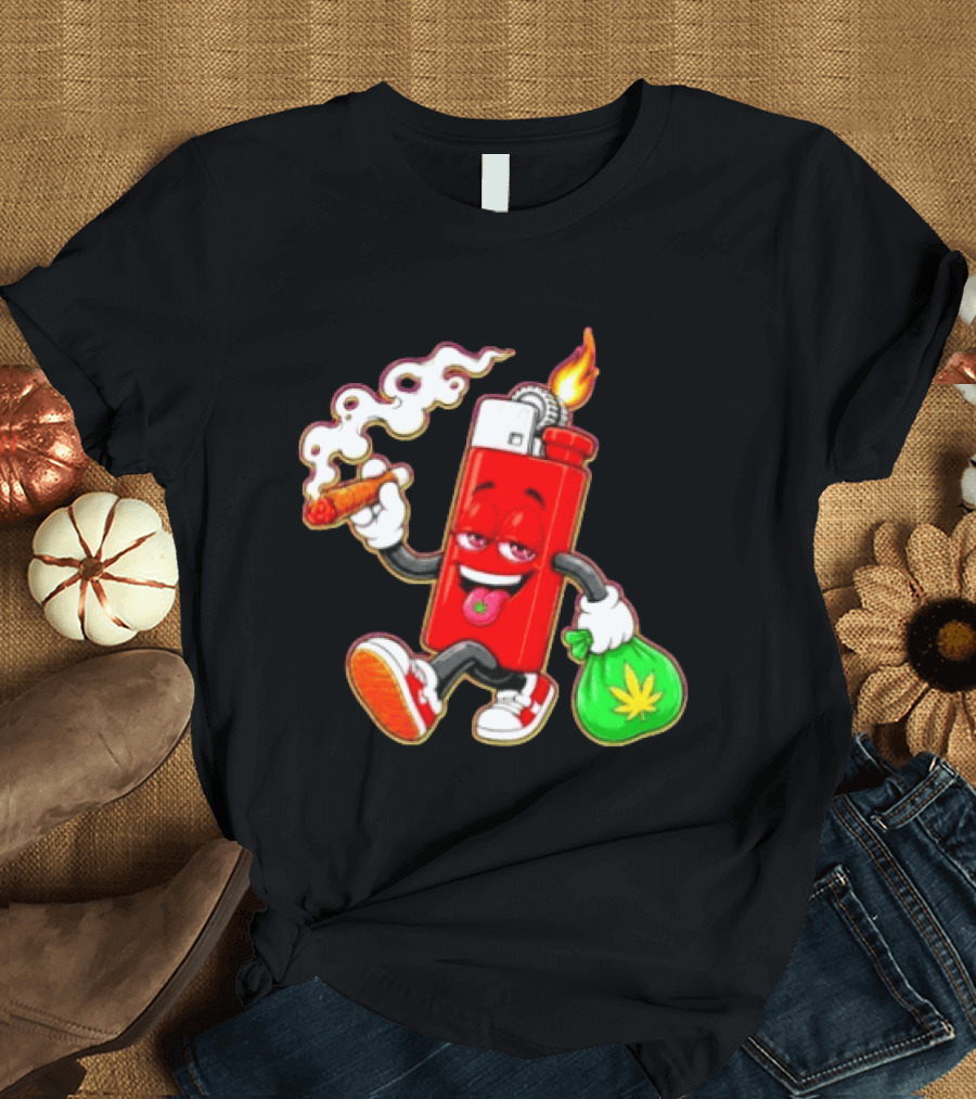Flame Lighter And Smoking Joint With Cannabis Bag Cartoon T-Shirt