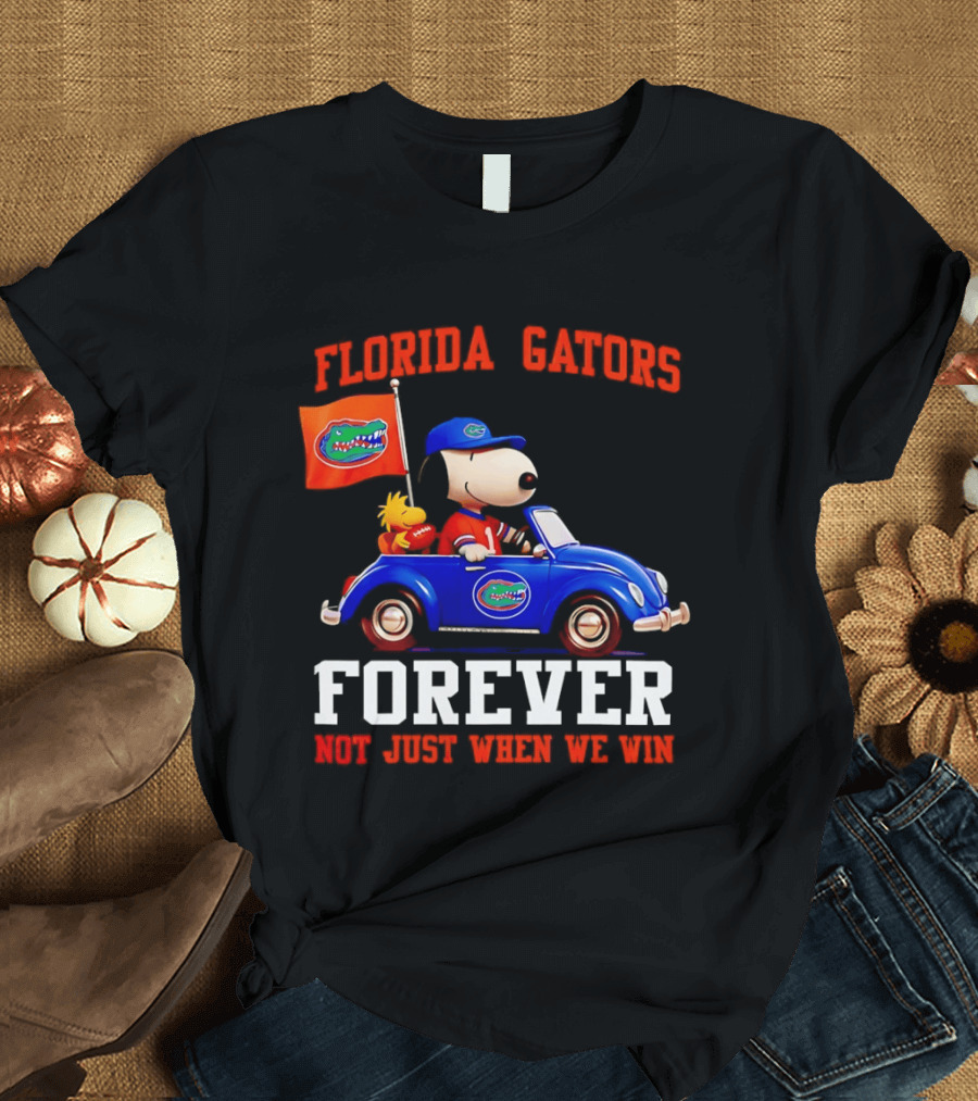 Peanuts Snoopy Woodstock In Blue Car Florida Gators Forever Not Just When We Win T-Shirt