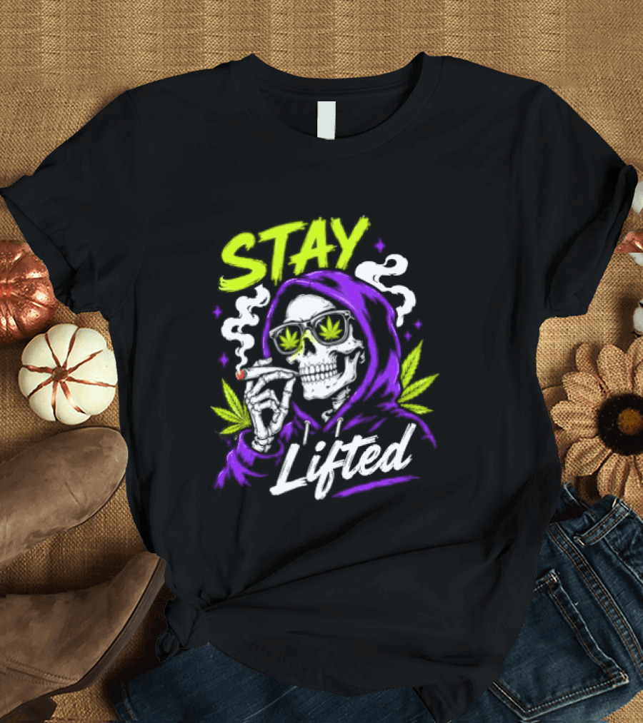 Stay Lifted Skeleton Smoking Weed Vapor Clouds Psychedelic T-Shirt