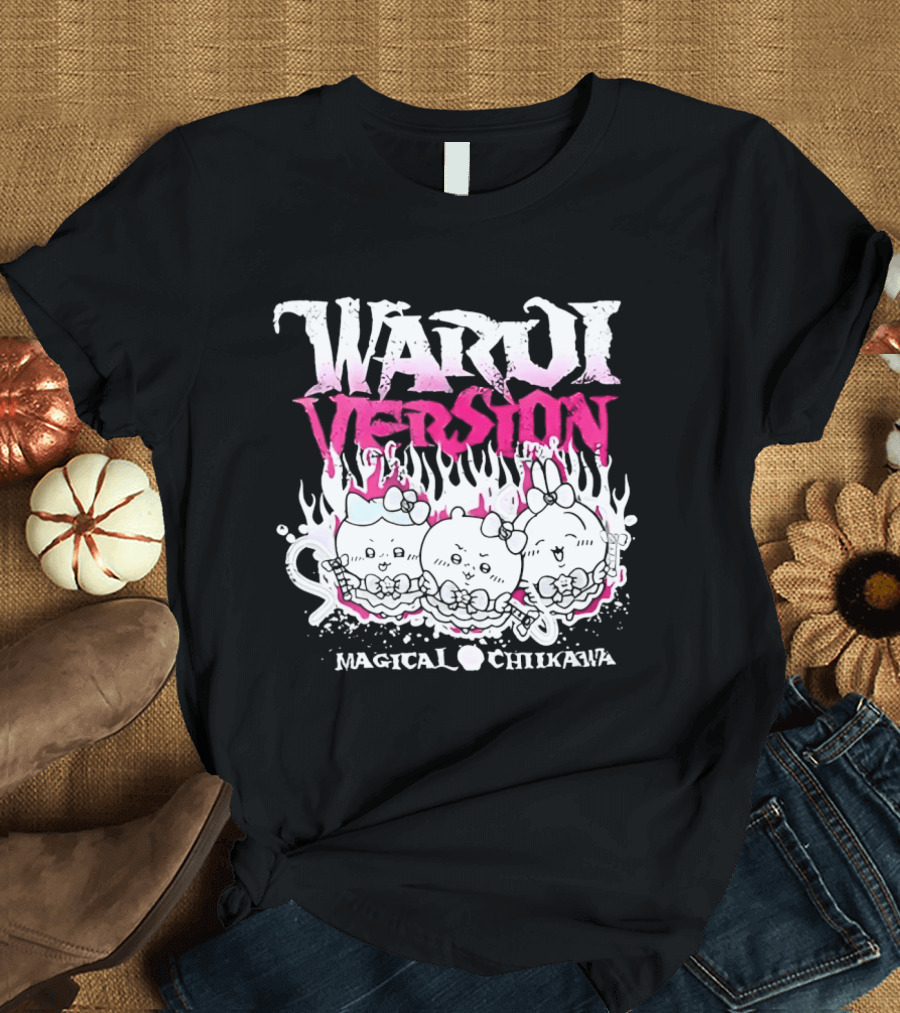 Warui Version Magical Chiikawa Characters In Fiery Pink And White T-Shirt