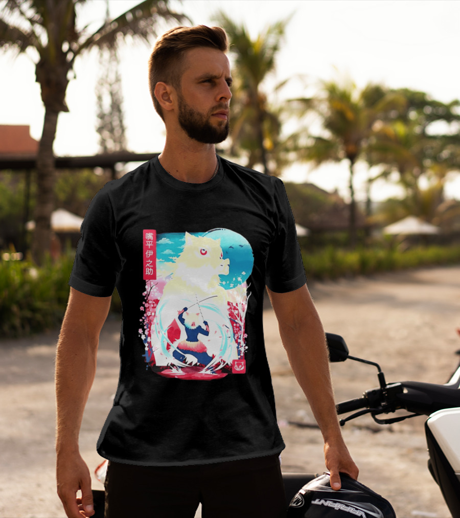 Inosuke Hashibira Boar Head Demon Slayer Anime Cherry Blossom Scene T-Shirt