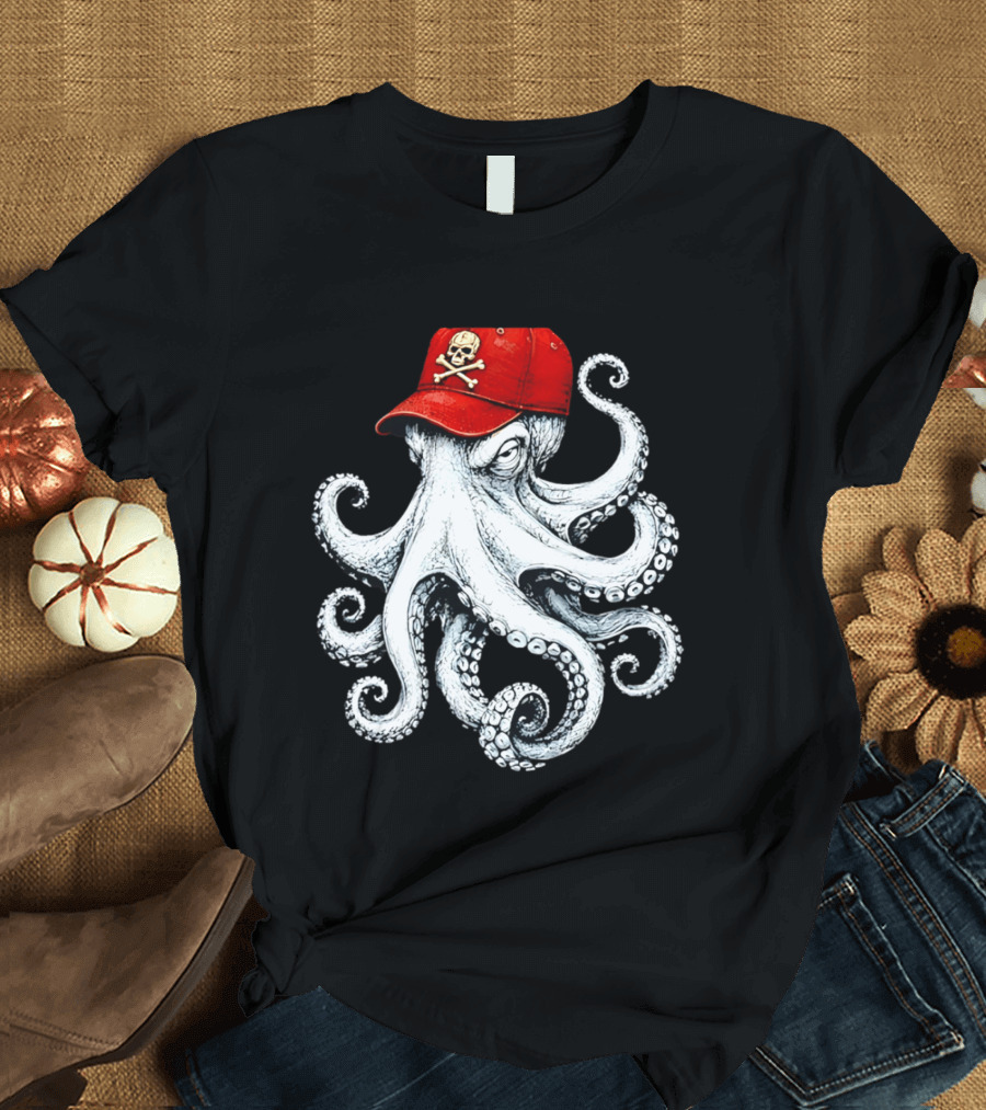 Octopus In Red Cap With Skull And Crossbones T-Shirt