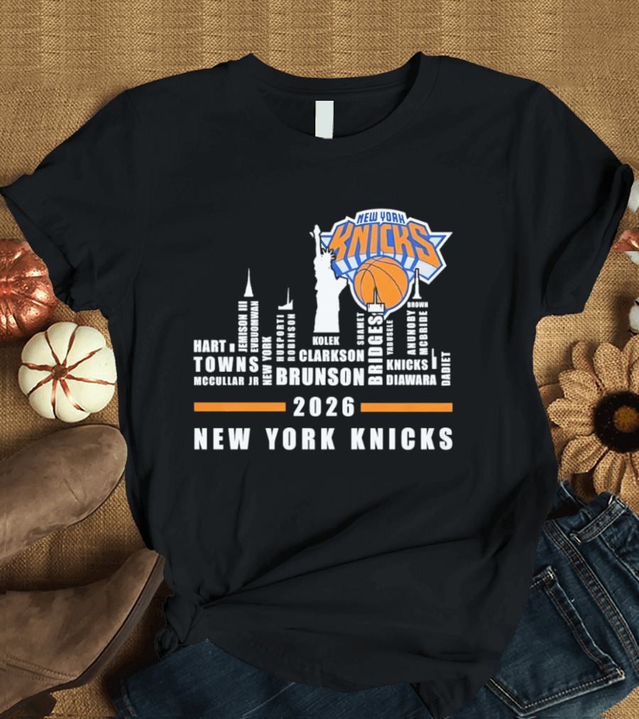 New York Knicks 2026 Jalen Brunson Mikal Bridges NBA Manhattan Skyline T-Shirt