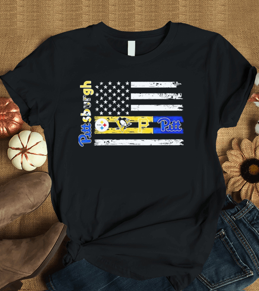 Pittsburgh Steelers Penguins Pirates Pitt American Flag T-Shirt